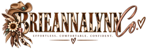 A western-themed graphic banner featuring the text 'BRIEANNALYNN Co.' in a stylized brown and leopard-print font, decorated with a cowboy hat, floral elements, and hearts on a white background.
